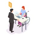 Isometric disabled woman working on laptop computer in office, flat vector illustration. Disabled people lifestyle.