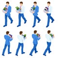 Isometric set of dismissed frustrated business person holding a box with his things. Unemployment, crisis, jobless and