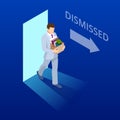 Isometric dismissed frustrated business person holding a box with his things. Unemployment, crisis, jobless and employee