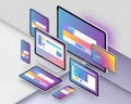 Isometric Display of Digital Devices Showing Colorful Website Interfaces screens technology Royalty Free Stock Photo