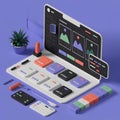 Isometric display of digital interface elements and color swatches with plant UI design Royalty Free Stock Photo