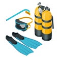 Isometric Diving equipment. Aqualung mask tube and flippers for diving vector illustration isolated on white background Royalty Free Stock Photo