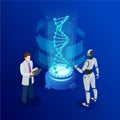 Isometric DNA helix, DNA Analysing concept. Digital blue background. Innovation, medicine, and technology. Royalty Free Stock Photo