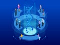 Isometric DNA helix, DNA Analysing concept. Digital blue background. Innovation, medicine, and technology. Royalty Free Stock Photo