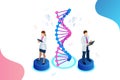 Isometric DNA helix, DNA Analysing concept. Digital blue background. Innovation, medicine, and technology. Royalty Free Stock Photo