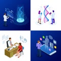 Isometric DNA helix, DNA Analysing concept. Digital blue background. Innovation, medicine, and technology. Royalty Free Stock Photo