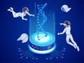Isometric DNA structure in space. Astronaphs work on DNA concept. Wireframe DNA molecules structure Digital blue