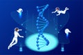 Isometric DNA structure in space. Astronaphs work on DNA concept. Wireframe DNA molecules structure Digital blue