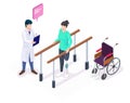 Isometric doctor physiotherapist helping female patient with leg prosthesis to take first step, flat vector illustration