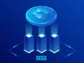 Isometric Dogecoin DOGE Cryptocurrency mining farm. Blockchain technology, cryptocurrency and a digital payment network