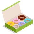 Isometric donuts with multicolored glaze in a paper box. Sweet sugar icing donuts with different types, such as sugar