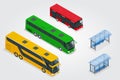 Isometric Double Decker Bus, City public bus and bus stop with blank surface for your creative design. Road vehicle Royalty Free Stock Photo
