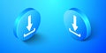 Isometric Download icon isolated on blue background. Upload button. Load symbol. Arrow point to down. Blue circle button