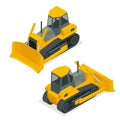 Isometric dozer or bulldozer. Set of the construction machinery vehicles.Continuous tracked tractor for mines, quarries