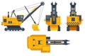 Isometric dragline excavators. Heavy equipment used in civil engineering and surface mining. View front, rear, side and Royalty Free Stock Photo