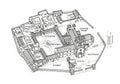 Isometric drawing of a medieval monastery. Key structures include the church, cloister, and Royalty Free Stock Photo