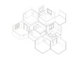 Isometric drawing of a modular, hexagonal house layout design. The arrangement features six rooms, Royalty Free Stock Photo