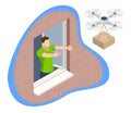 Isometric drone delivery delivering big brown post package into urban city. Technological shipment innovation.