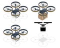 Isometric Drone Delivery. Quadcopter carrying a package to customer. Delivery of a cardboard box drone by air isolated