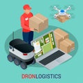 Isometric Drone Fast Delivery of goods in the city. Technological shipment innovation concept. Autonomous logistics.