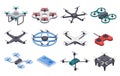 Isometric drone. Unmanned aircraft with propellers, aerial remote transporters. Flying delivery drones with camera