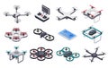 Isometric drones. Flying drone with propellers and camera, radio controller. Remote controlled unmanned aircraft