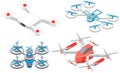 Isometric drones, flying quadcopter with remote controllers. Remote control, flying apparatus