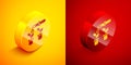 Isometric Drop of water drops from pipette on plant icon isolated on orange and red background. Medical or agricultural