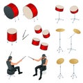 Isometric drummer behind the drum icon set. Rehearsal base, drummer playing the drums set isolated Royalty Free Stock Photo