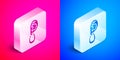 Isometric Ear with earring icon isolated on pink and blue background. Piercing. Auricle. Organ of hearing. Silver square Royalty Free Stock Photo