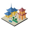 Isometric east asia cityscape. Buddhist temple, pagoda, trees, benches, car and people