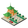 Isometric east asia cityscape. Buddhist temple, trees, benches, car and people