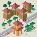 Isometric east asian cityscape of buildings, pagoda, fortress, roadway, cars and people