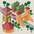 Isometric east asian cityscape of buildings, pagoda, pedestrian bridge, roadway, cars and people