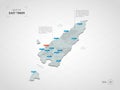 Isometric East Timor map with city names and administrative divisions.