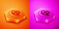 Isometric Eclipse of the sun icon isolated on orange and pink background. Total sonar eclipse. Hexagon button. Vector