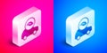 Isometric Eco car concept drive with leaf icon isolated on pink and blue background. Green energy car symbol. Silver Royalty Free Stock Photo