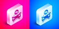 Isometric Eco car concept drive with leaf icon isolated on pink and blue background. Green energy car symbol. Silver Royalty Free Stock Photo