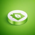 Isometric Eco friendly house icon isolated on green background. Eco house with leaf. White circle button. Vector Royalty Free Stock Photo