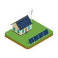 Isometric eco friendly house with wind turbine and solar panels. Green energy concept.