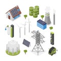 Isometric eco friendly icons. Solar system oil and gas, wind turbines, smart energy house. Clean and ecological