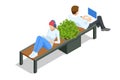 Isometric eco modern street bench vector for web design isolated on white. A modern bench with a flower bed in a city