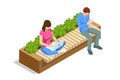 Isometric eco modern street bench vector for web design isolated on white. A modern bench with a flower bed in a city