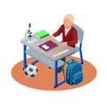 Isometric education concept. Boy makes a homework, sitting and writting. Schoolboy is learning the lessons. Vector