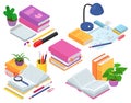 Isometric education concept, vector illustration. 3d symbol design, flat book icon with knowledge, studying object set Royalty Free Stock Photo