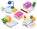 Isometric education concept, vector illustration. 3d symbol design, flat book icon with knowledge, studying object set Royalty Free Stock Photo