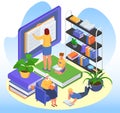 Isometric education concept, vector illustration, tiny man woman character read book in library, get school knowledge at