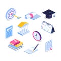 Isometric education icon set. 3d graduation vector illustration. Book, calendar, notebook, graduation cap, goal Royalty Free Stock Photo