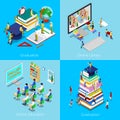 Isometric Educational Concept. Online Education, Online Library, Graduation with Cap and Students Royalty Free Stock Photo