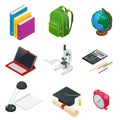 Isometric Educational Concept. Open book of knowledge, back to school, different educational supplies Can be used for